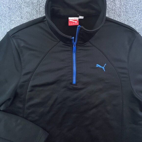 Puma Jacket Black XL 1/4 Zip Long Sleeve Polyester With Logo Blue Accents - Picture 1 of 9